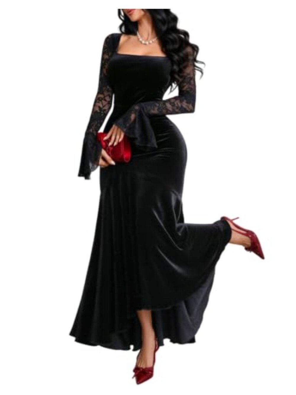 Velvet Lace Bell Sleeve Formal Evening Prom Dress